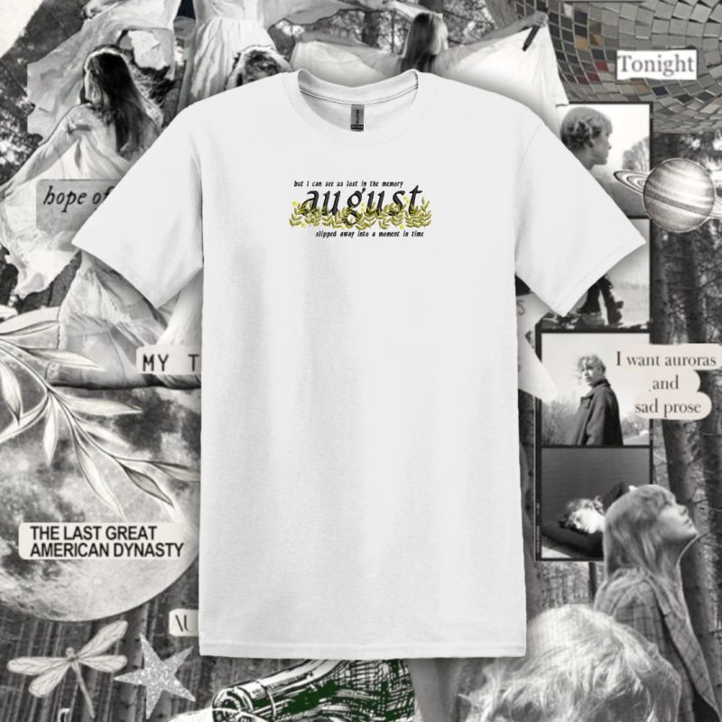 Tricou Alb Brodat August Slipped Away Like A Moment In Time Folklore Taylor Swift