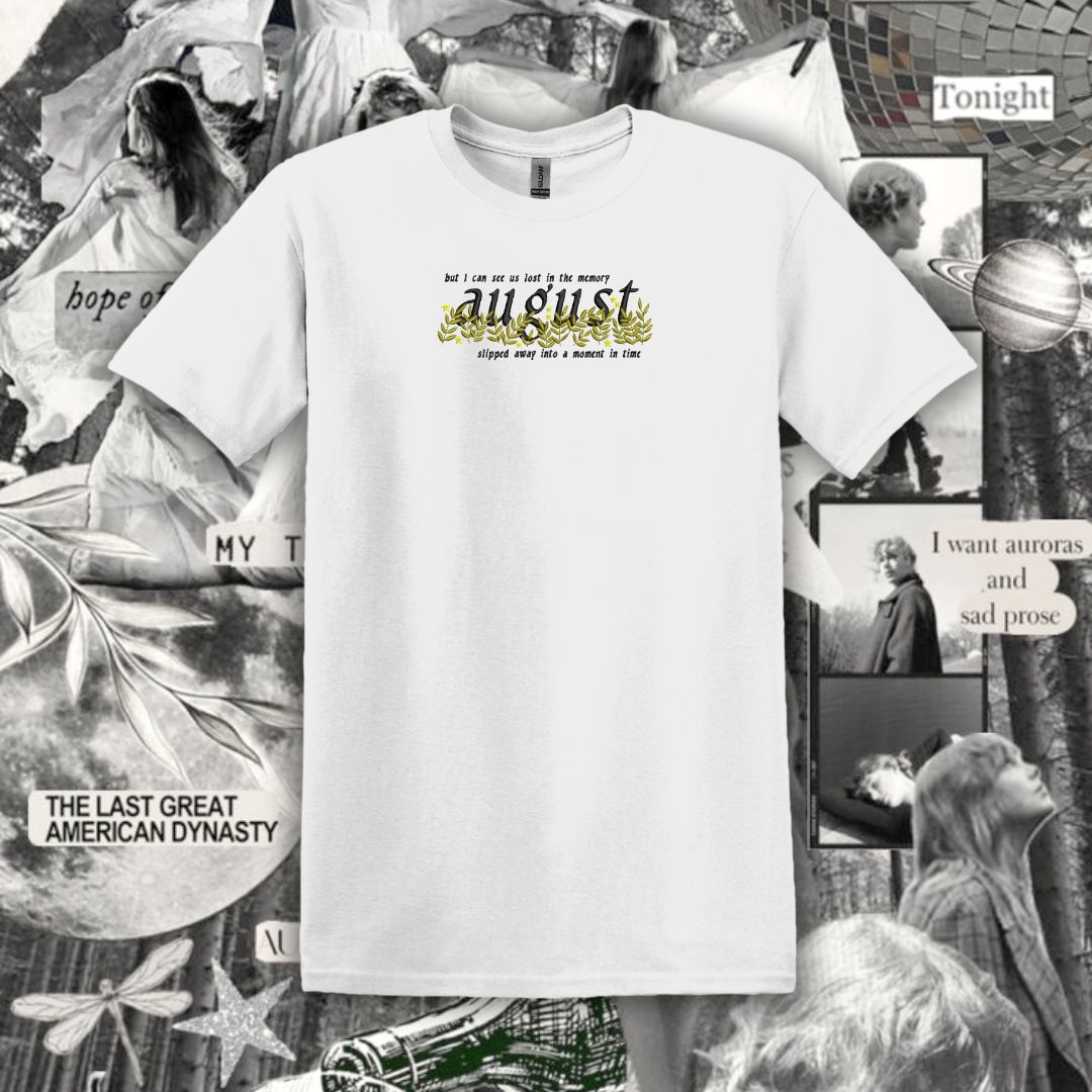 Tricou Alb Brodat August Slipped Away Like A Moment In Time Folklore Taylor Swift