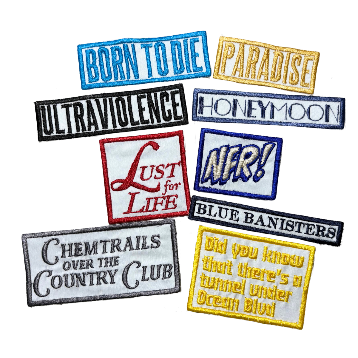 Lana del Rey Patchuri Adezive cu Discografia Completa, Fundal Alb, Set Complet sau Individual